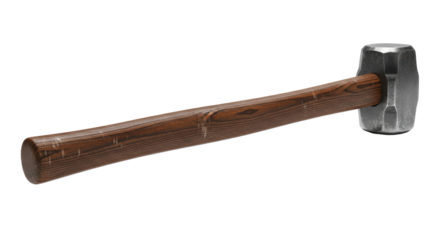 hyper-detailed 3d render of a weighty industrial sledgehammer with a dark wooden handle and rugged steel head, positioned horizontally on a transparent background. concept of raw labor and demolition