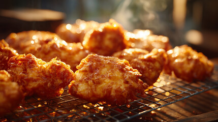 Close up of freshly fried chicken pieces cooling on a metal rack with steam rising above it all