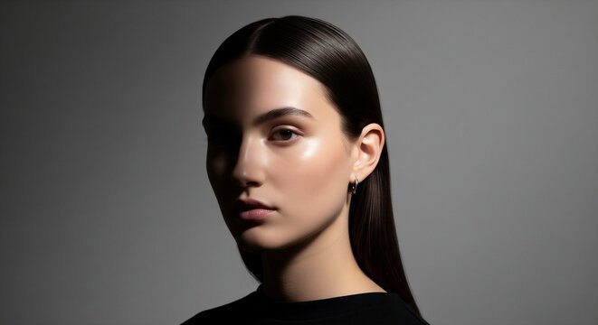 Dramatic studio beauty portrait of a woman highlighting glossy skin and smooth dark hair.
