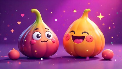 Cute Cartoon Fruit Characters &ndash; Playful Animation on Sparkly Purple Background