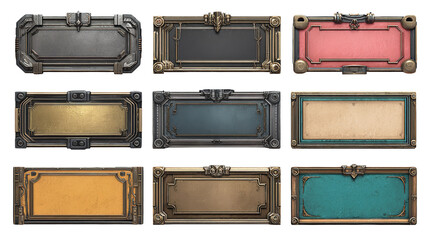 Array of nine frames, borders in various colors, gray, bronze, pink, Cutout, Isolated, White background.