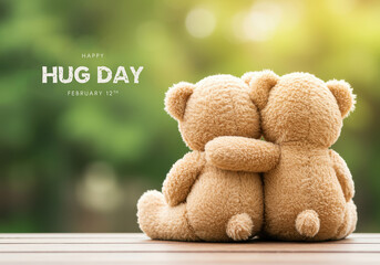 Two teddy bears hugging on Hug Day with blurred nature background february 12 stuffed animals