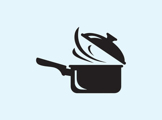 Simple black saucepan icon with lid and cooking theme
