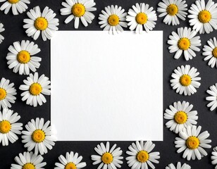 White paper card surrounded by chamomile flowers on black background. Template for greeting card, wedding invitation, spa or organic product design.