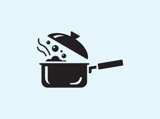 Solid black saucepan silhouette with lid in dynamic cooking style
