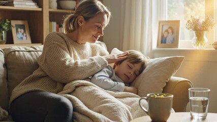 Loving mother comforting her sleeping child on a couch at home, peaceful scene of care and affection