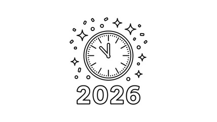 A black and white clock face illustration with the year 2026 below it