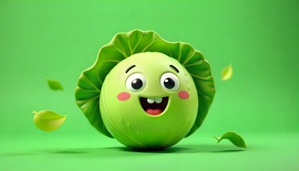 Happy Cartoon Cabbage Character with Green Leafy Background