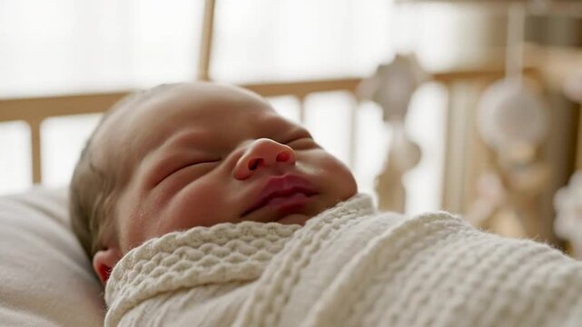 Close up view of a newborn baby sleeping peacefully swaddled in a white knitted blanket inside a crib