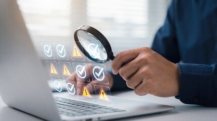 A person is carefully examining a laptop screen with a magnifying glass highlighting potential issues and verifying data integrity within the system