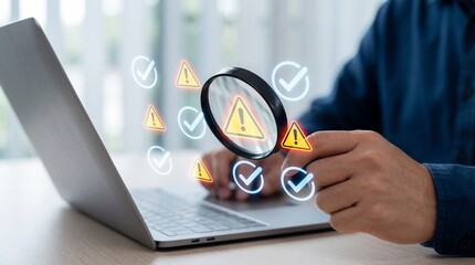 A person examines a laptop screen displaying security alerts and checks with a magnifying glass indicating cybersecurity risk assessment high quality