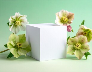 White cube surrounded by pastel spring flowers hellebores on soft green gradient background. Perfect for cosmetic product display, skincare branding, or packaging mockup.