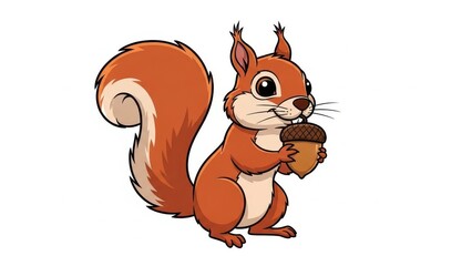 Cartoon squirrel holding an acorn on a white background.