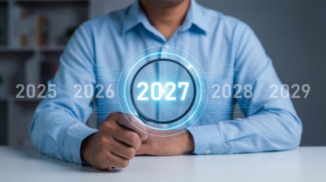 A businessman interacting with a futuristic interface displaying the year 2027 symbolizing technology and future planning high quality professional detailed modern - Powered by Adobe