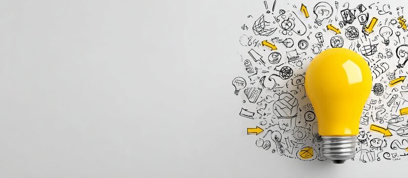 Yellow light bulb with doodle drawings of ideas and arrows - Powered by Adobe