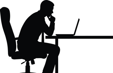 Man silhouette thinking while working on laptop at desk, focused concentration, problem solving, remote work, technology, modern office lifestyle illustration
