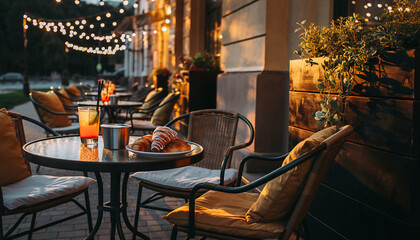 Outdoor cafe setting at dusk with string lights, tables, and chairs arranged for dining under a serene evening atmosphere