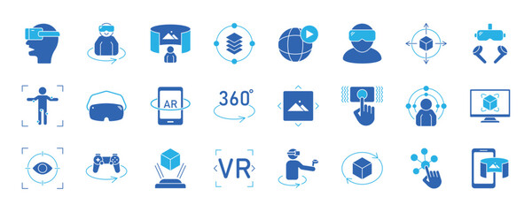 Virtual reality icon set. Containing VR, augmented reality, headset, immersive, mixed reality, AR, 360 degree, VR gaming and more. Solid vector icons collection. eps 10