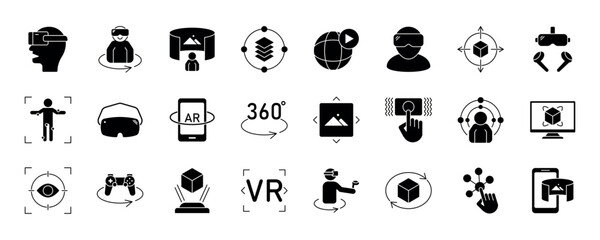 Virtual reality icon set. Containing VR, augmented reality, headset, immersive, mixed reality, AR, 360 degree, VR gaming and more. Solid vector icons collection. eps 10