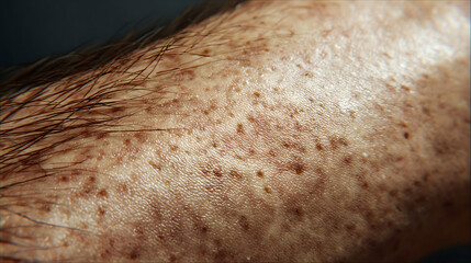 Macro view of human skin with freckles and fine hairs