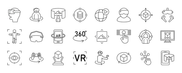 Virtual reality icon set. Containing VR, augmented reality, headset, immersive, mixed reality, AR, 360 degree, VR gaming and more. Solid vector icons collection. eps 10