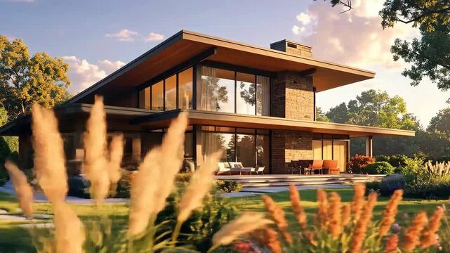 Modern house with a flat roof, glass windows, and a stone chimney.