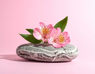 Natural stone decorated with pink alstroemeria flowers on soft pink gradient. Perfect for cosmetics, jewelry, or product display podium visuals. Copy space