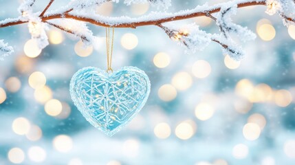 Winter's Gentle Whisper: A frosty branch bears a delicate, heart-shaped ornament, glistening with icy charm, set against a backdrop of soft, ethereal lights and evoke feelings of serene winter beauty.