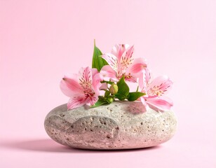 Natural stone decorated with pink alstroemeria flowers on soft pink gradient. Perfect for cosmetics, jewelry, or product display podium visuals. Copy space