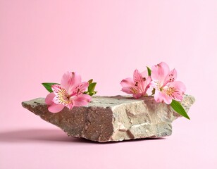 Natural stone decorated with pink alstroemeria flowers on soft pink gradient. Perfect for cosmetics, jewelry, or product display podium visuals. Copy space