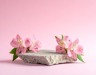 Natural stone decorated with pink alstroemeria flowers on soft pink gradient. Perfect for cosmetics, jewelry, or product display podium visuals. Copy space