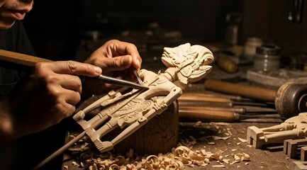 Skilled Craftsman Carving Wooden Sculpture in Workshop. - Powered by Adobe