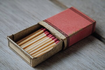 close up of a vintage matchbox with wooden matches and red tips on rustic wooden surface