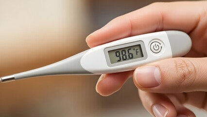 Hand holding a digital thermometer showing normal body temperature 98.6&deg;F