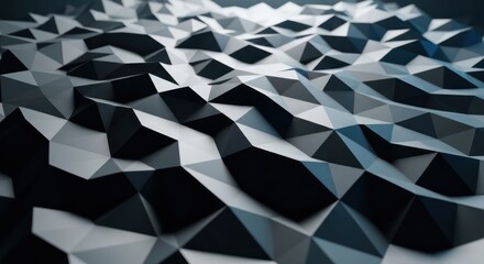 Abstract 3D surface composed of numerous dark, geometric polygonal shapes