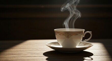Steaming hot beverage in a decorative cup, shadow on wood