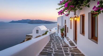 Serene Coastal Village Scene: A picturesque village scene, capturing the idyllic coastal life. The clean lines of the white buildings and cobblestone path leading towards a calm sea and island.