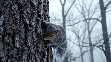 Curious gray squirrel ascends frosty tree trunk, exploring a cold, foggy winter woodland scene