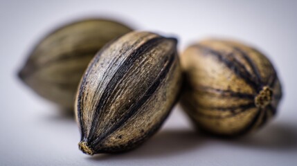 Close-up view of three textured pecan nuts displaying their ridged shells and natural brown coloration