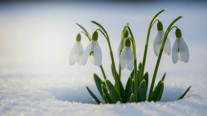 Sunlit Snowdrop Flowers Emerging From Winter Snow. Generative AI. 