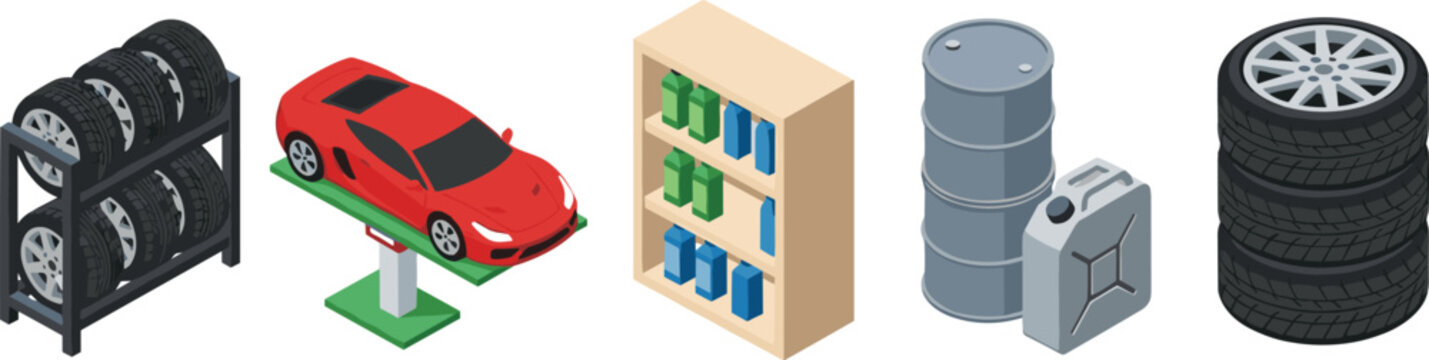 Isometric car service set with red sports car on lift tires on racks motor oil bottles and fuel barrels for garage