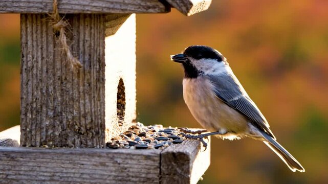 Black-capped chickadee bird perched on a wooden bird feeder enjoys sunflower seeds in golden sunlight against a blurred background
