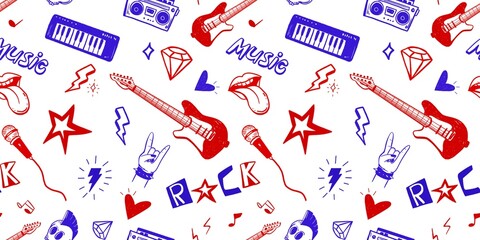 seamless pattern with music notes rock line art musical instrument fabric event Sketch vintage hand drawn on white background.