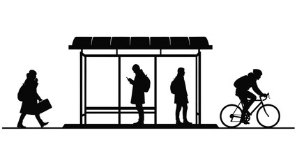 People waiting at bus stop with cyclist passing by © Shovon