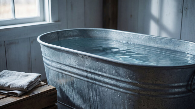Metal tub filled with cold water in rustic wooden bathroom   