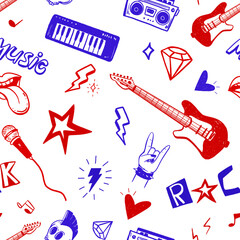 seamless pattern with music notes rock line art musical instrument fabric event Sketch vintage hand drawn on transparent background.