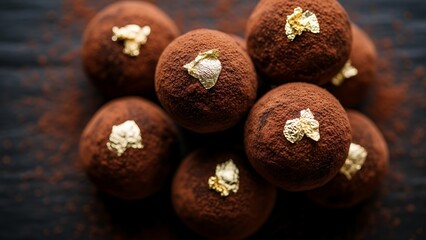 Delicious chocolate truffles with gold leaf on top