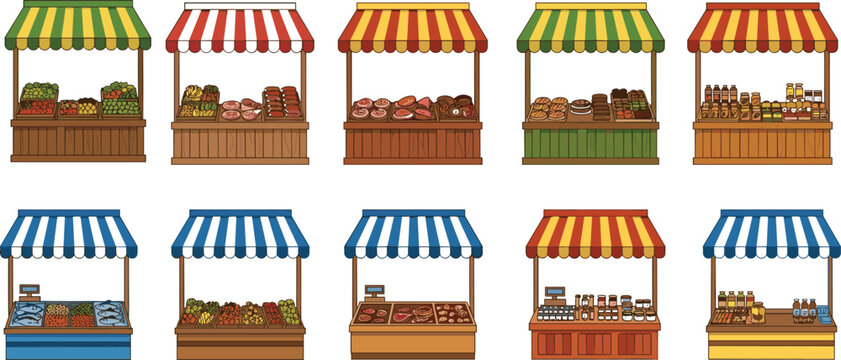 Market stall collection with colorful awnings for street fair including fruit vegetable meat fish bakery and local grocery store kiosks set