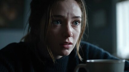 Intimate close-up of a worried young woman with bright blue eyes expressing concern and contemplation while drinking from a mug
