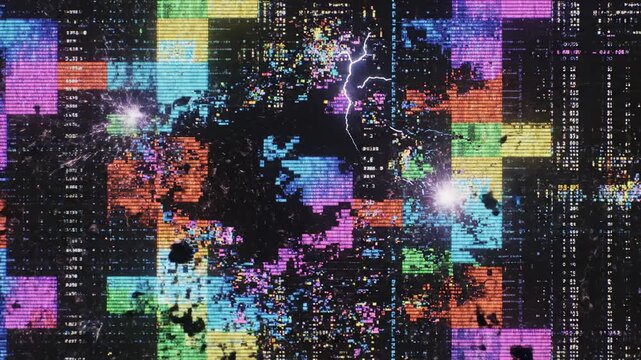 Chaotic digital fracturing and glitch effect with electrical arcs spreading across a dark screen symbolizing a critical system failure and data corruption static, network threat, electrical arcs